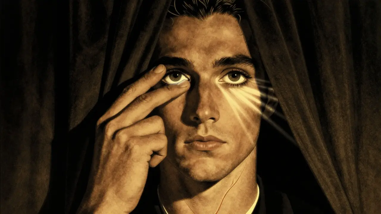 Man with dark curtain descending over one eye, symbolizing retinal migraine