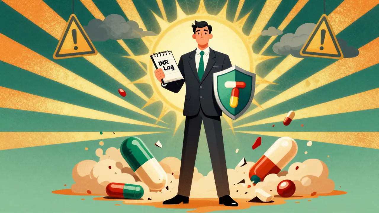 Patient holding INR log and safe antibiotic, crushing dangerous drugs underfoot.