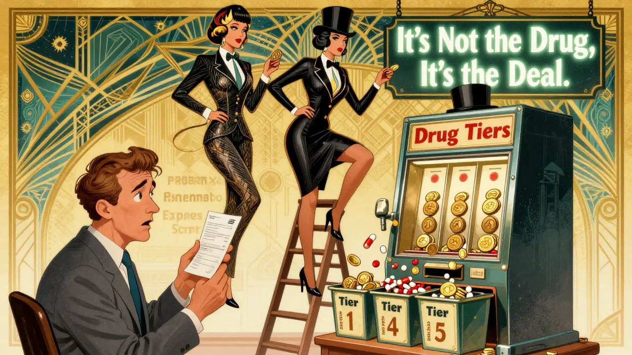 PBMs in 1920s suits dropping pills into tiered bins while a patient watches, styled in Art Deco advertising.