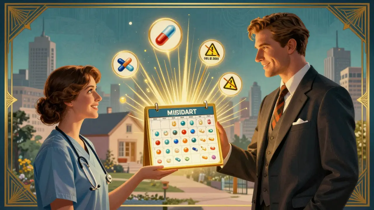 Pharmacist giving a caregiver a synchronized medication calendar with glowing safety symbols.