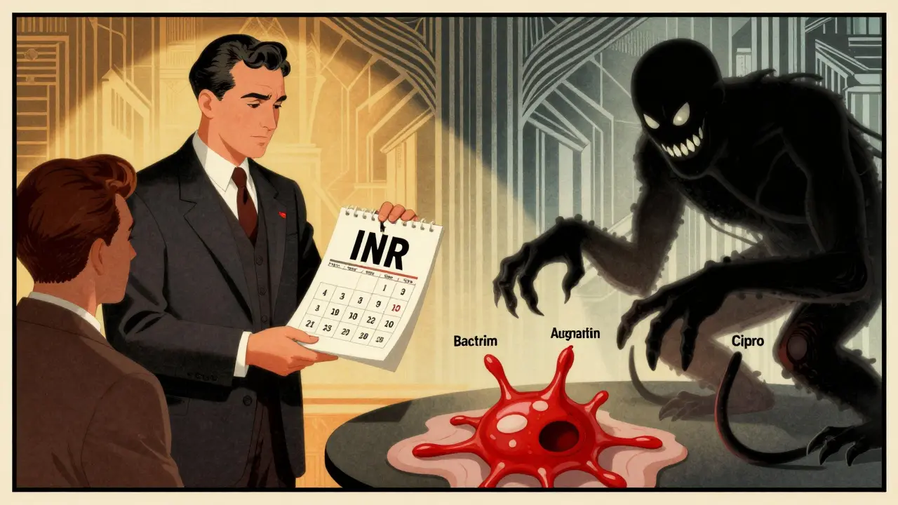 Pharmacist giving calendar to patient while dangerous antibiotics loom in shadow.