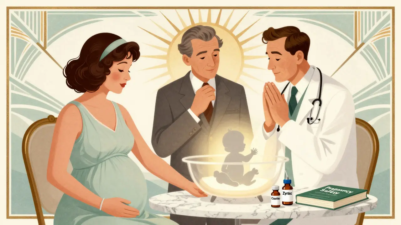 Pregnant woman receiving allergy shot with doctor and baby silhouette, safe medications visible.