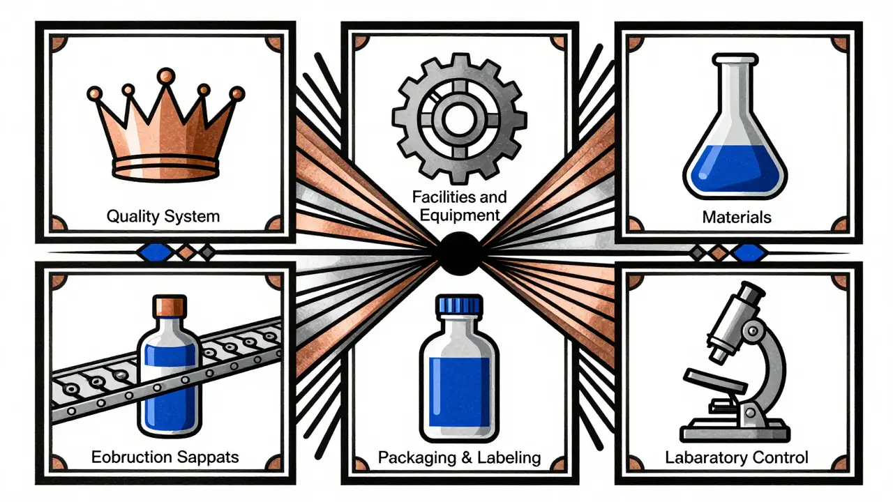 Six stylized Art Deco icons representing FDA inspection systems in symmetrical sunburst design with metallic colors.