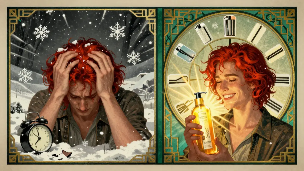 Split image: left shows stressed person with flaky scalp in winter, right shows them radiant with rotating medicated shampoos in Art Deco design.
