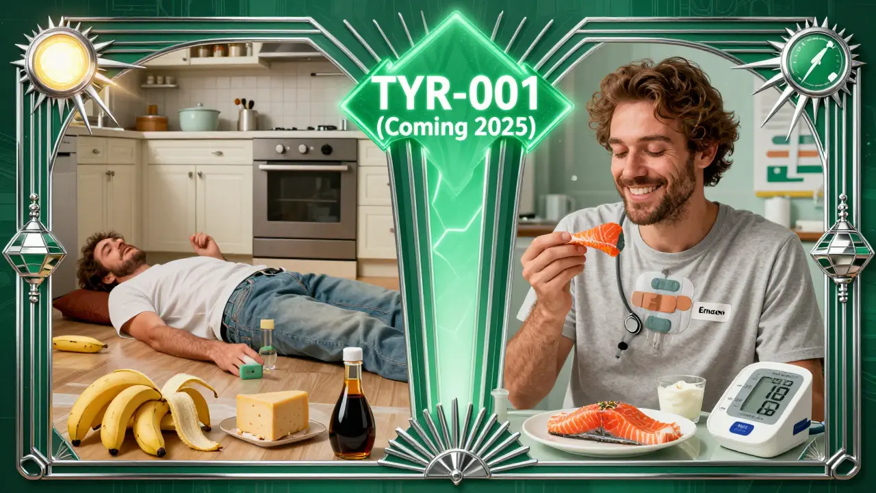 Split image: patient in crisis vs. safe eating with Emsam patch and blood pressure monitor.