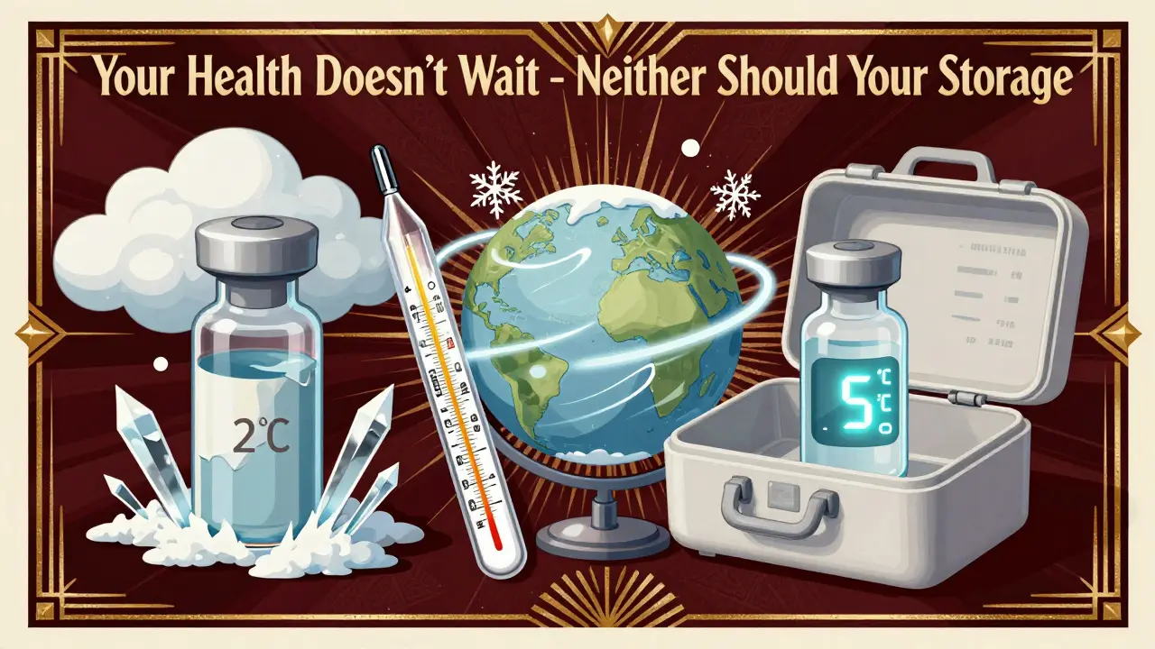 Split image shows damaged vs. safe medication storage with temperature indicators in elegant Art Deco style.