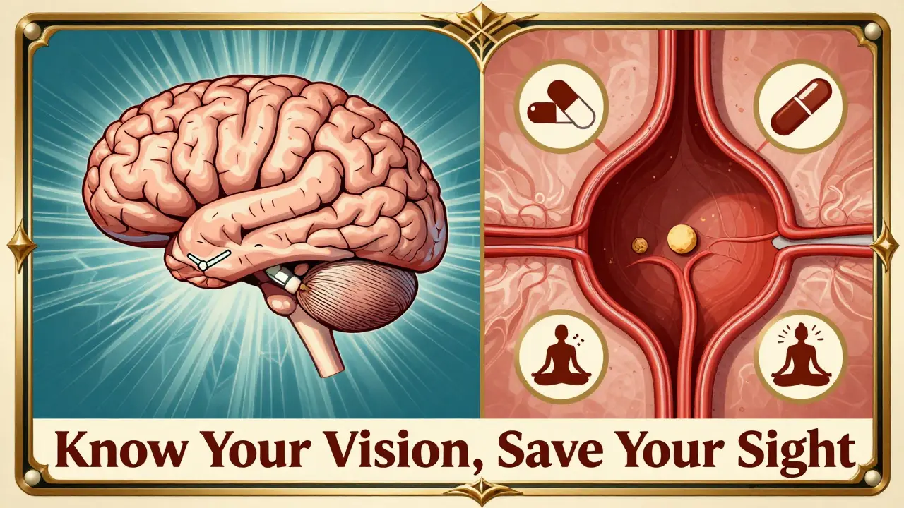 Split medical poster comparing brain aura and retinal artery blockage in Art Deco style