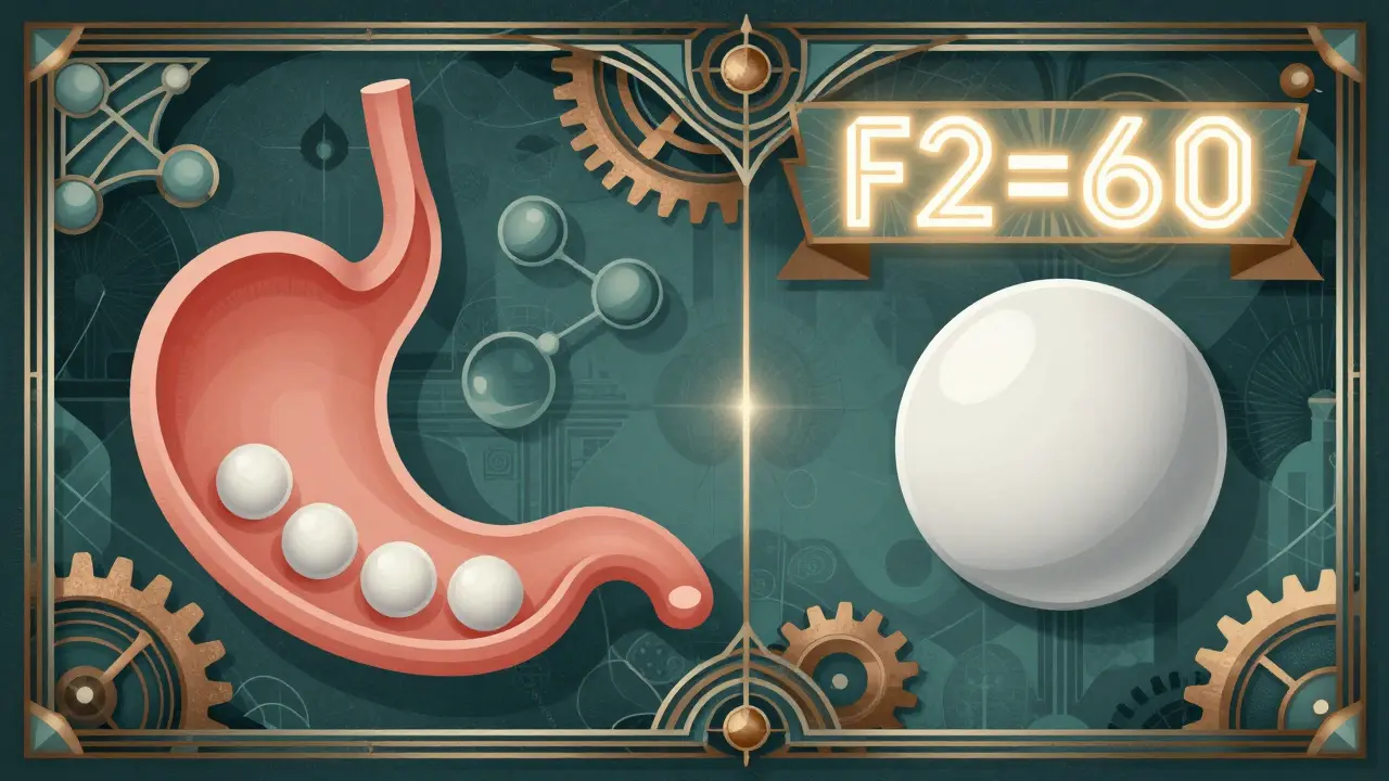 Split-panel ad showing brand and generic pills with identical dissolution curves and f2=60 banner.
