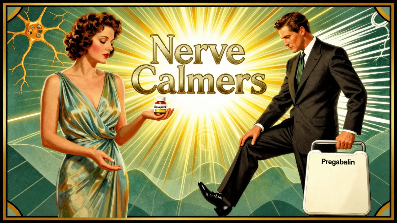 Split-panel Art Deco ad showing calm gabapentin user versus pregabalin user with weight scale.