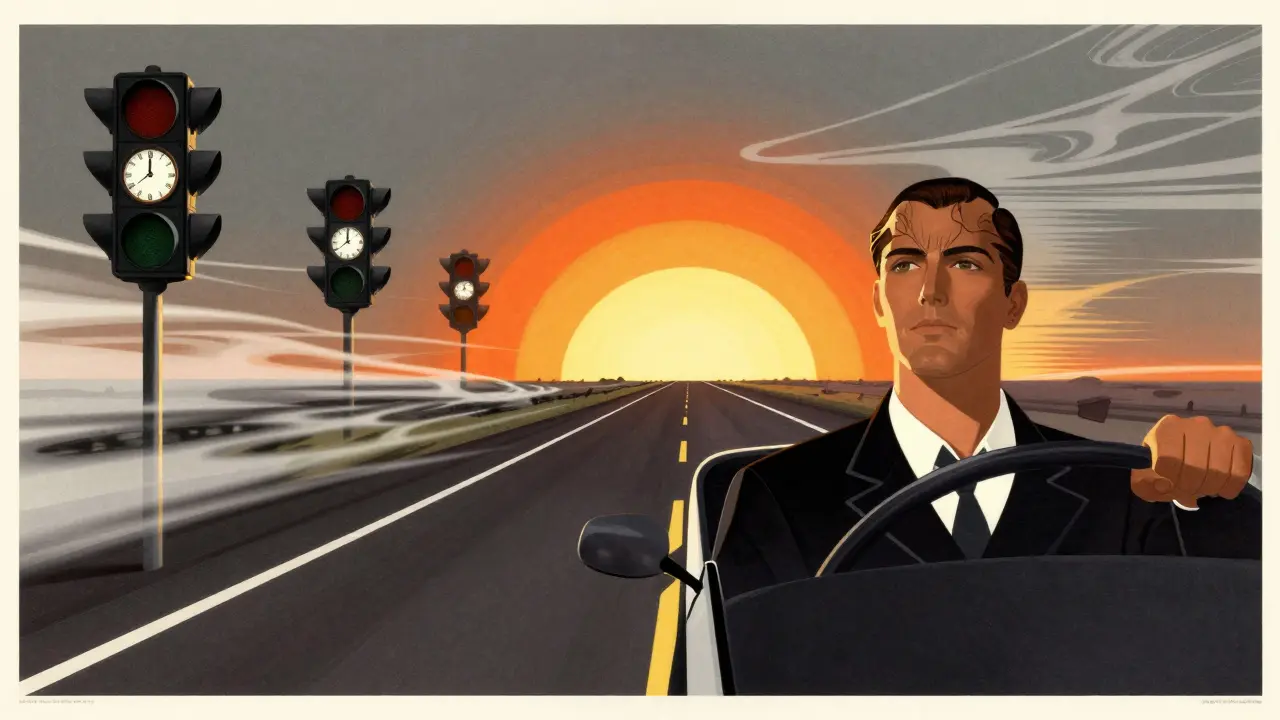 Split scene: blurred, melting road vs. sharp, clear driving experience in Art Deco poster style.