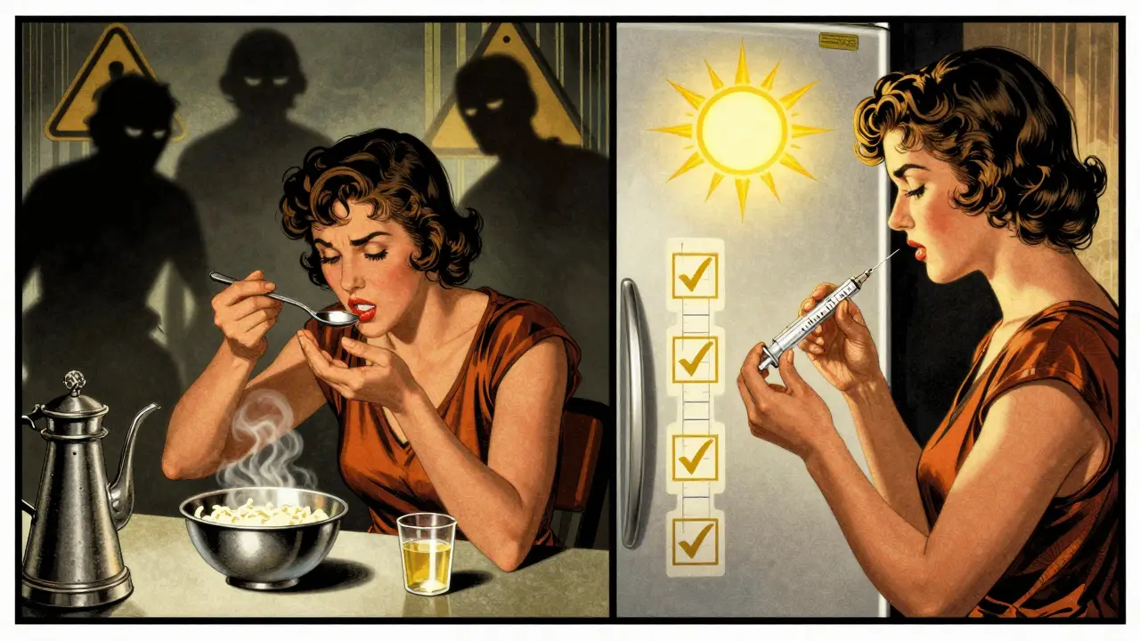 Split scene: dangerous dosing error vs. safe, correct medication use