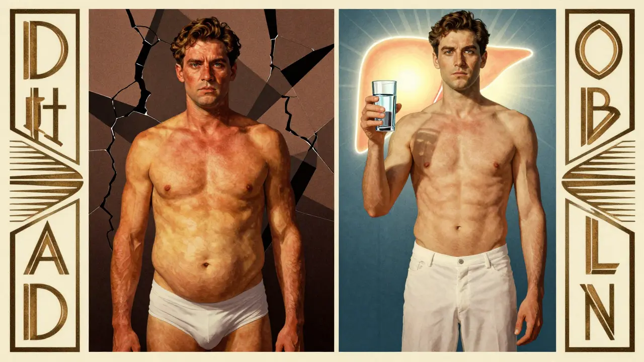 Split scene of a man with jaundice on one side and healthy on the other, representing recovery from alcoholic hepatitis through sobriety.