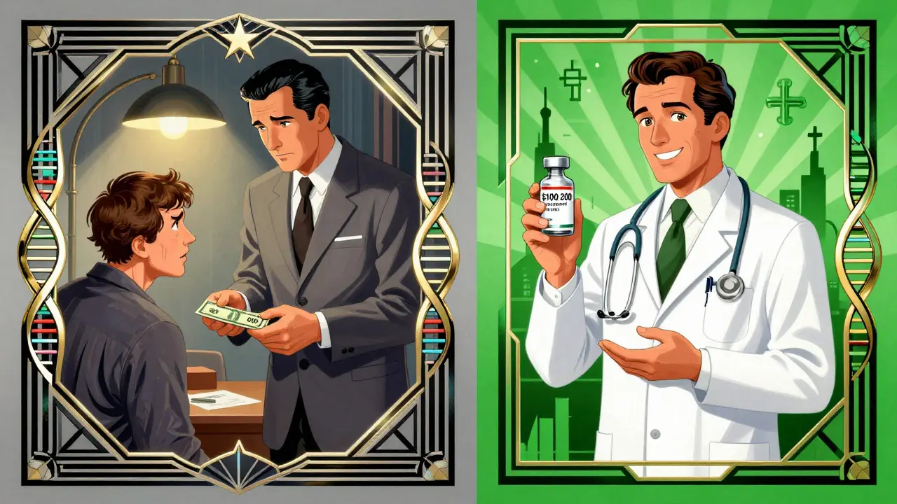 Split scene: patient receiving expensive drug vs. affordable biosimilar, framed in Art Deco style