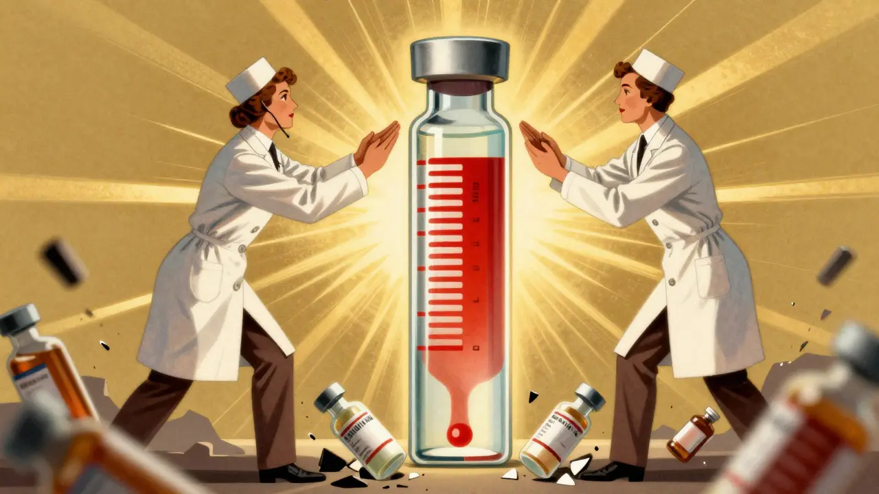 Two medical staff double-checking insulin vial under radiant Art Deco rays, errors crumbling below.