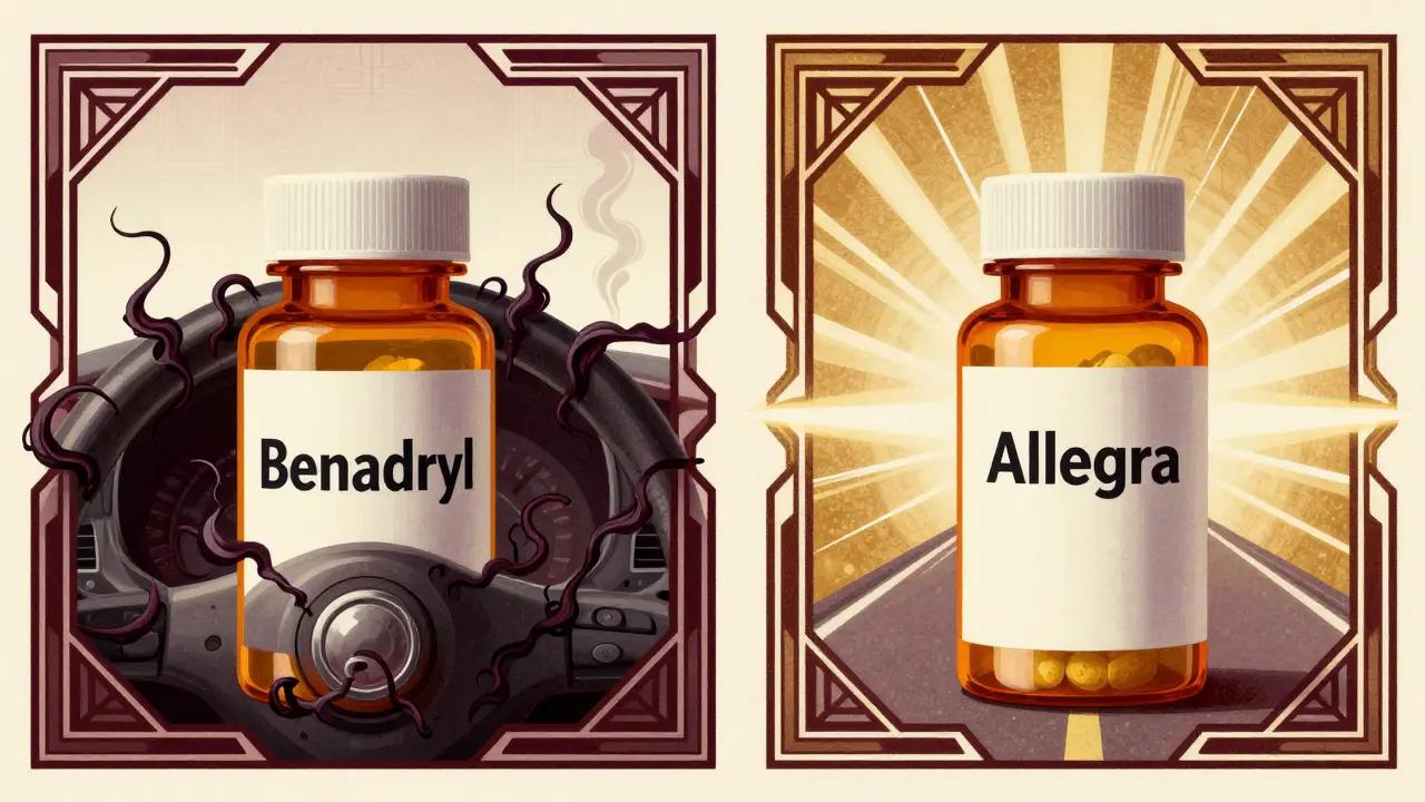 Two pill bottles contrasted: one releasing dangerous shadows, the other emitting safe golden light.