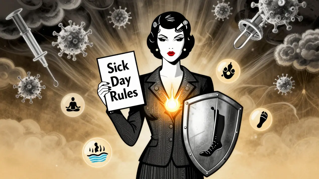 Woman holding sick day card, adrenal gland glowing at chest, surrounded by wellness icons.