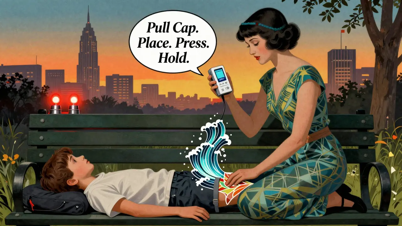 Woman using Auvi-Q on teen in park, with voice instructions in elegant text and adrenaline waves flowing into thigh.