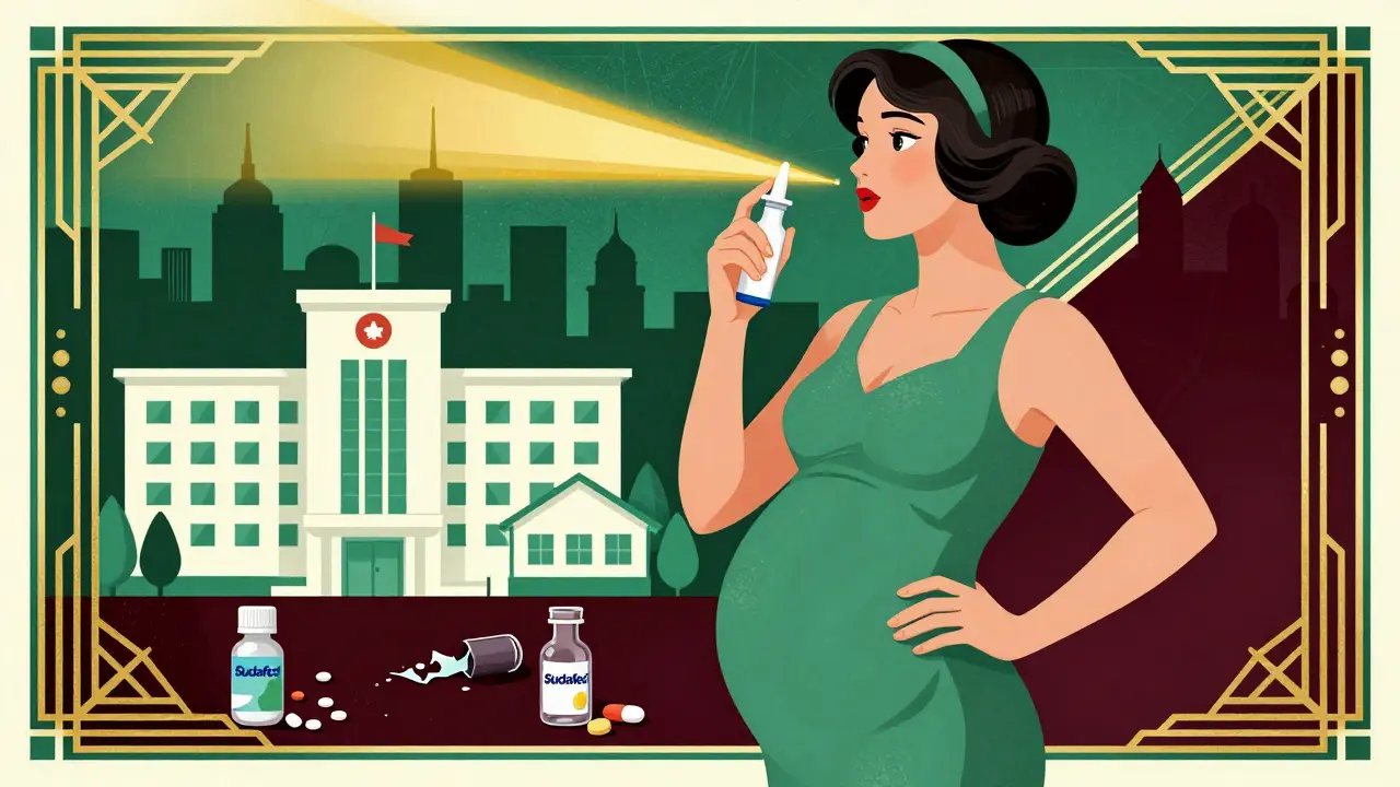 Woman using nasal spray with golden light, decongestant pills broken and discarded below.