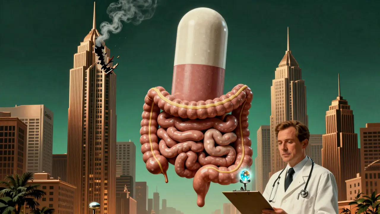 A giant loperamide pill above a city of intestines, with one building crumbling, in Art Deco style.