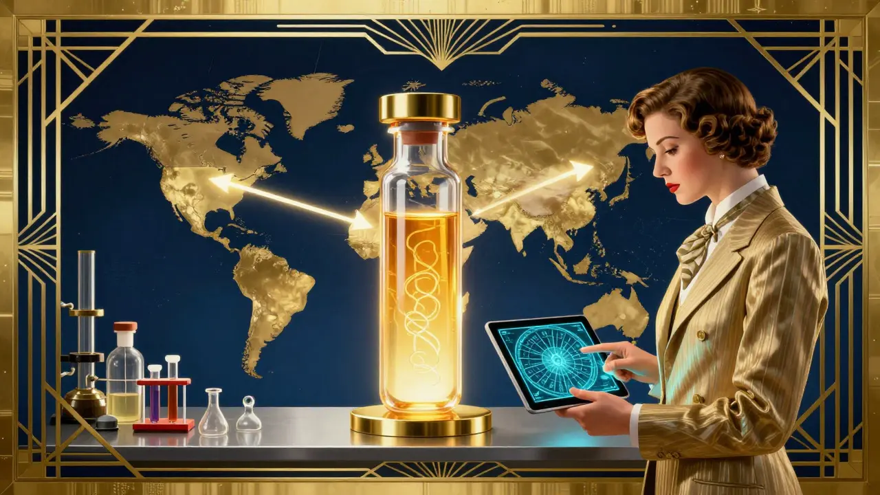 A glowing liquid biopsy vial above a world map, showing unequal access to genetic testing in Art Deco advertising style.