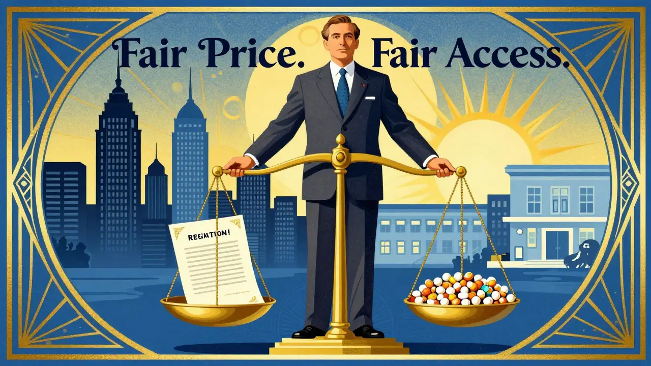 A government official balances a patent against hundreds of generic pills and smiling faces in a stylized Art Deco illustration.