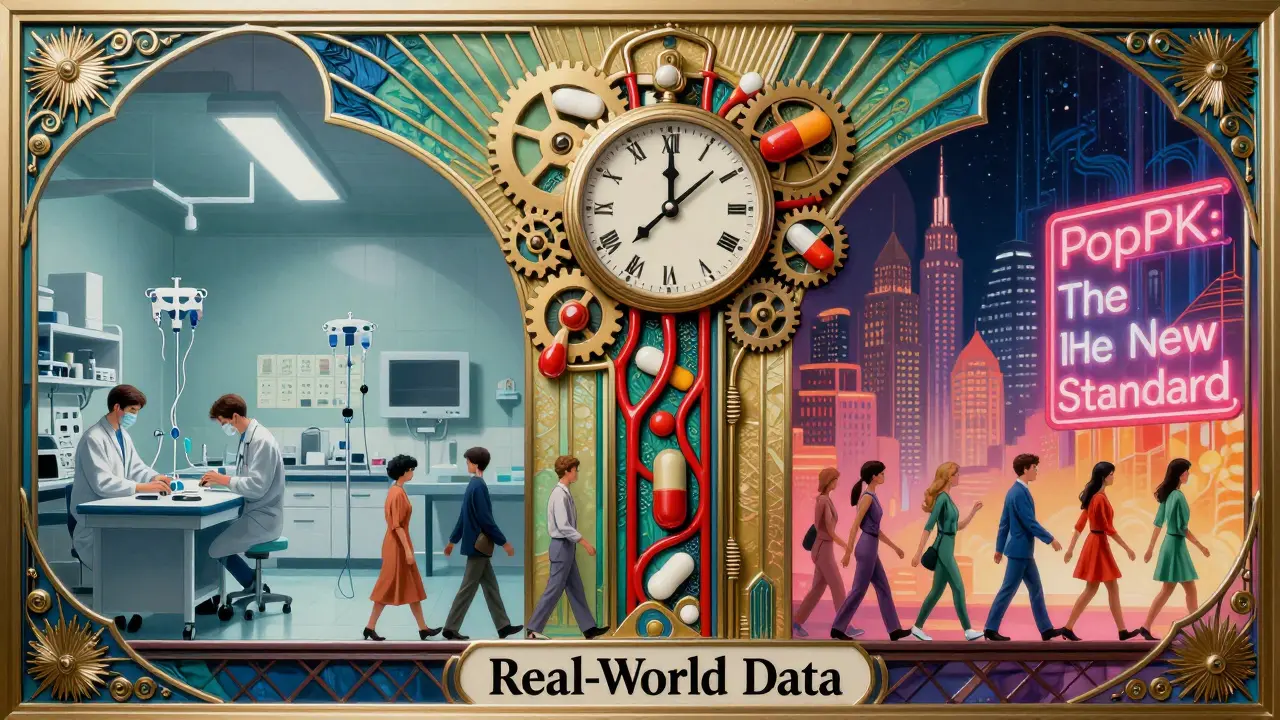 A grand mural contrasts old clinical trials with modern PopPK data, showing diverse patients crossing a bridge labeled 'Real-World Data'.