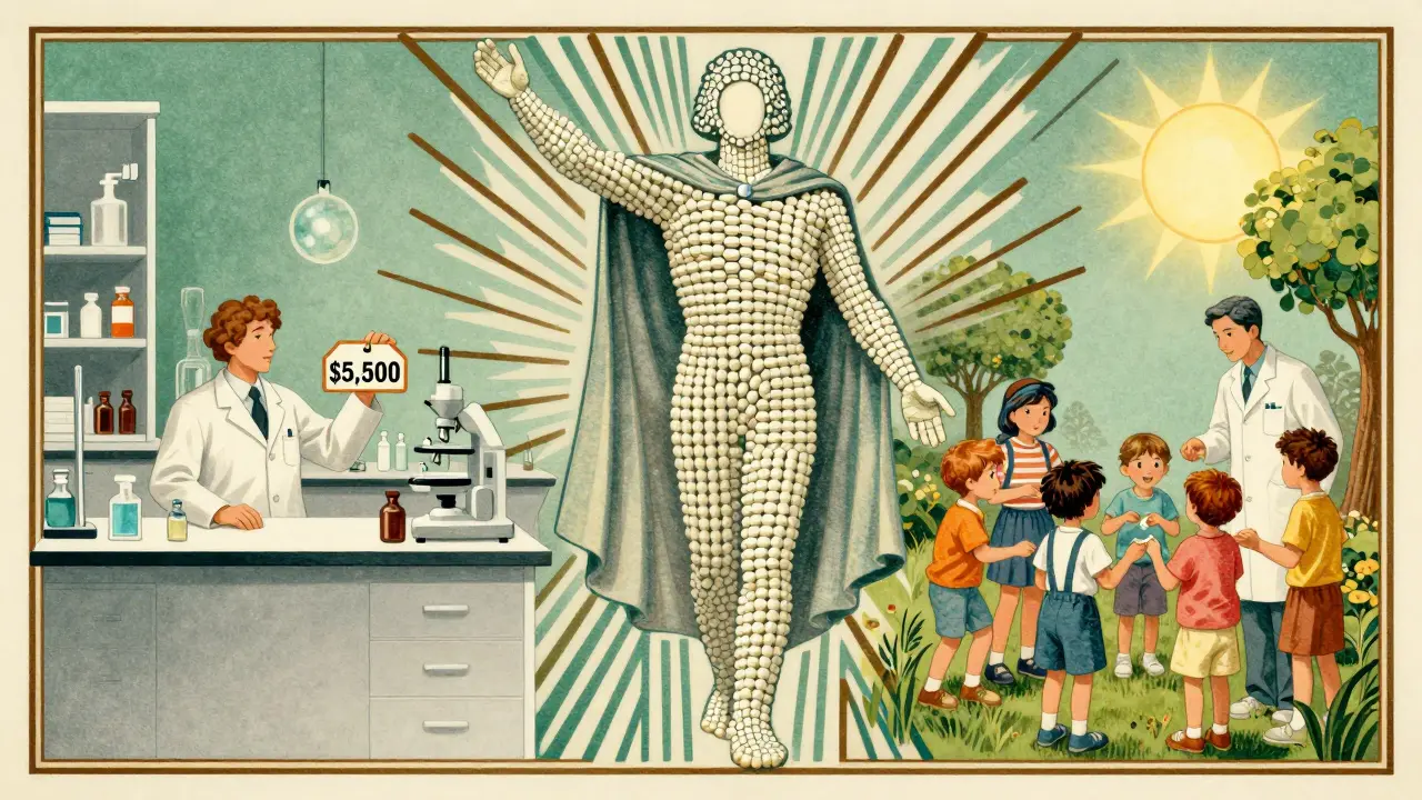 A heroic figure made of pills stands between a costly lab and a vibrant clinic, symbolizing access to medicine in Art Deco style.