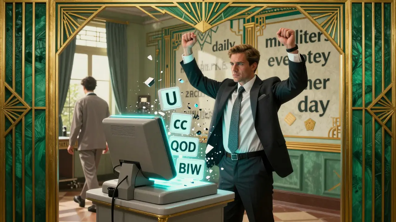 A heroic pharmacist blocks dangerous medical abbreviations at an EHR terminal while a patient walks to safety in Art Deco style.