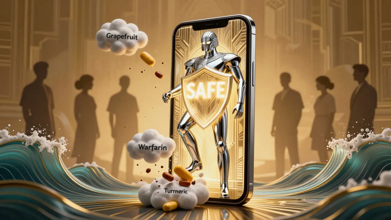 A heroic smartphone guardian crushes dangerous drug combinations under its heel in a stylized Art Deco poster.