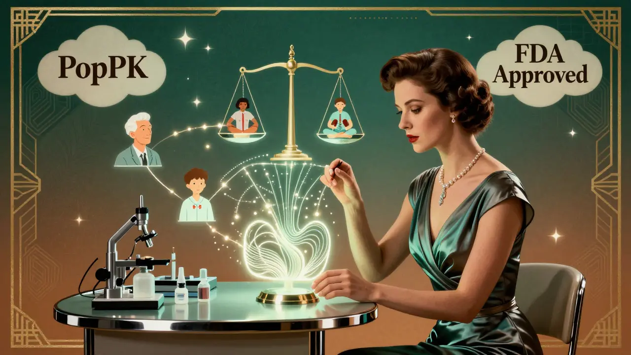 A stylish woman analyzing glowing data streams connecting diverse patient icons to a balanced scale in Art Deco medical setting.