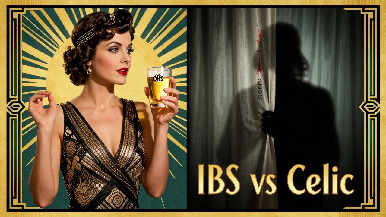 A woman drinking ORS beside a shadowy figure representing hidden causes of chronic diarrhea.