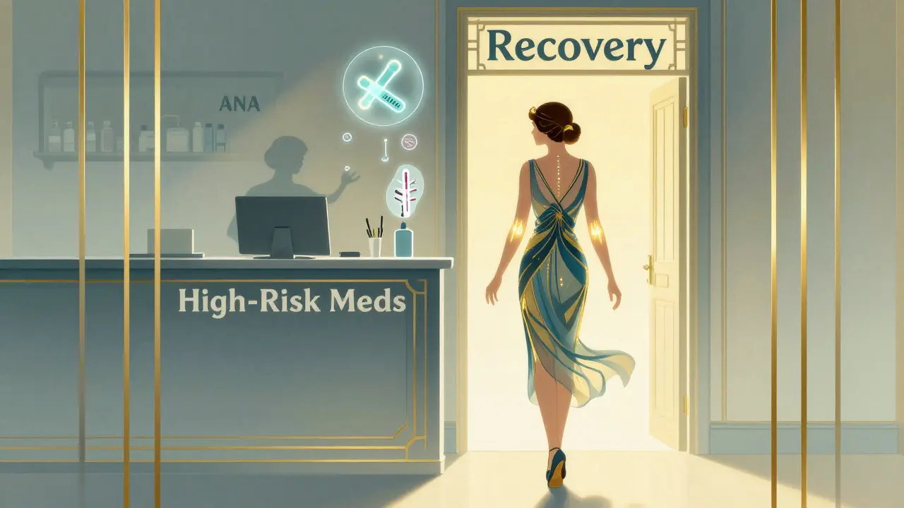A woman walks from a pharmacy toward a sunlit doorway, with glowing antibody icons above her.