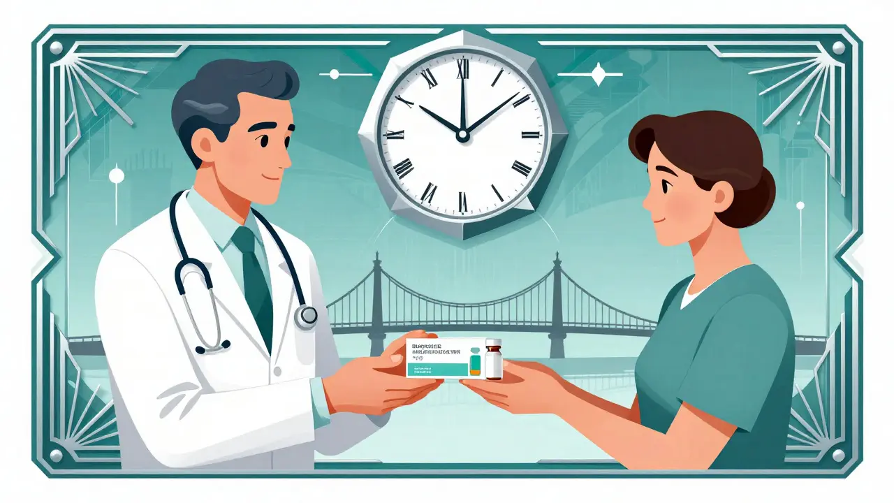 Doctor handing medication sample to patient with geometric clock.