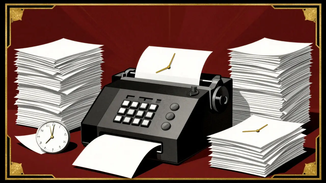 Healthcare provider surrounded by faxed documents in clinic.