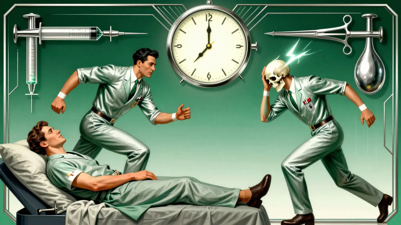 Heroic medical team rushing to two stroke patients, one with numbness and another with a bursting vessel, in Art Deco style.