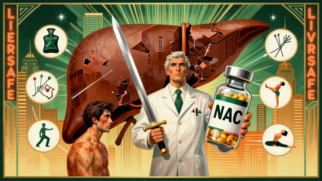 Pharmacist wielding antidote vial against a crumbling liver monster, with non-drug alternatives.