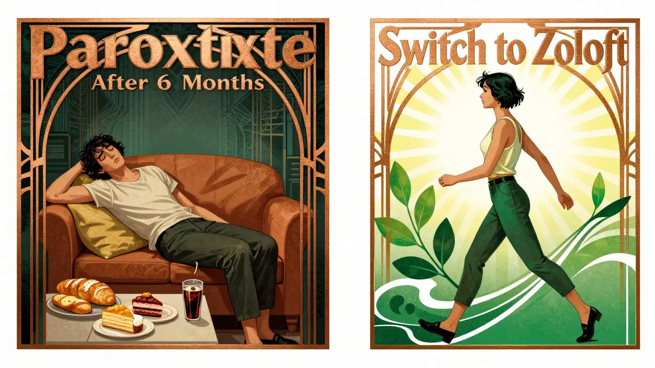 Split Art Deco scene: tired person with carbs vs. energized person walking under Zoloft banner