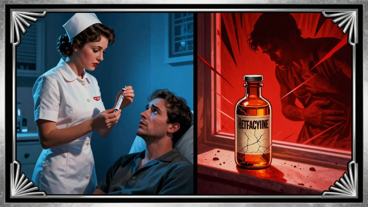 Split illustration: a nurse gives fresh insulin on one side, while a toxic expired tetracycline bottle glows dangerously on the other.