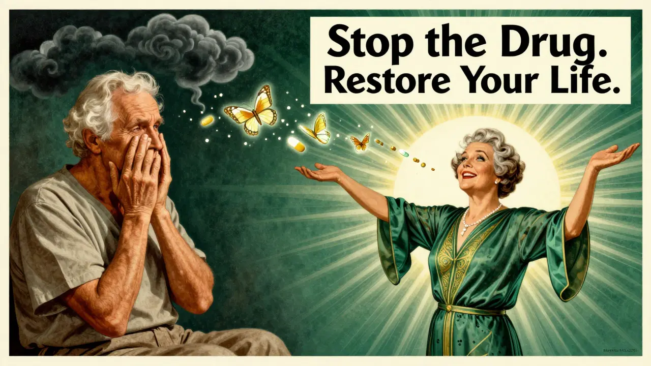 Split image: a weary patient transforms into a healthy one as a pill turns into antibody butterflies.