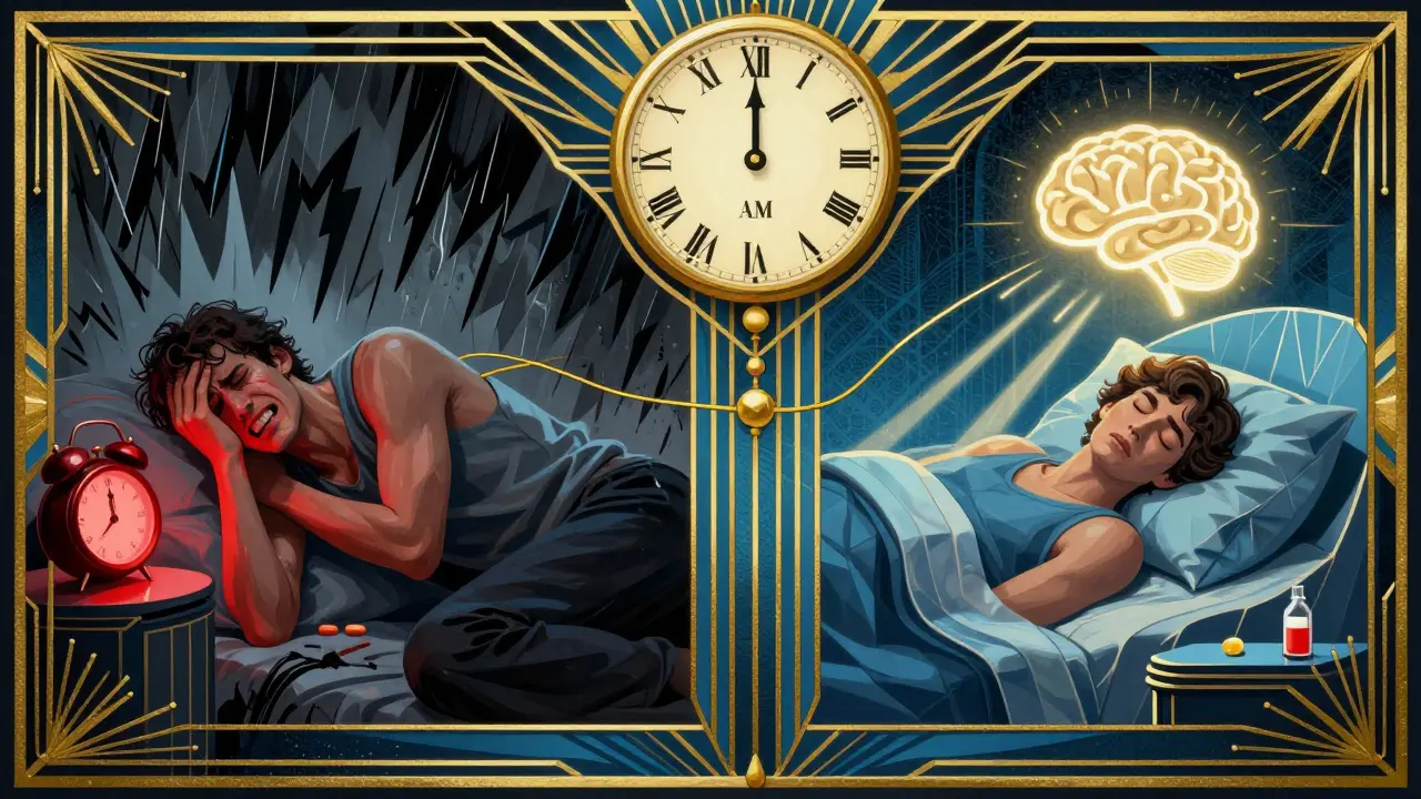 Split scene: one side shows pain and insomnia, the other shows peaceful sleep with golden rays connecting them in Art Deco style.