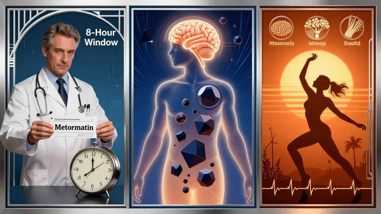 Triptych illustrating paroxetine's metabolic effects and solutions with Art Deco styling