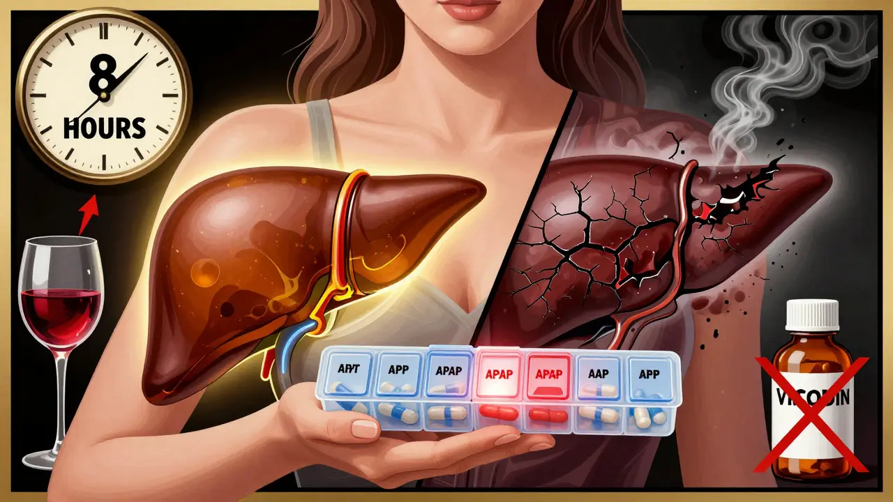 Woman with pill organizer beside healthy and damaged liver in split-panel Art Deco style.