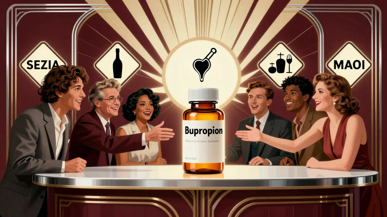 A glowing bupropion pill at center of a pharmacy counter, surrounded by geometric warning icons, in vintage Art Deco advertising style.