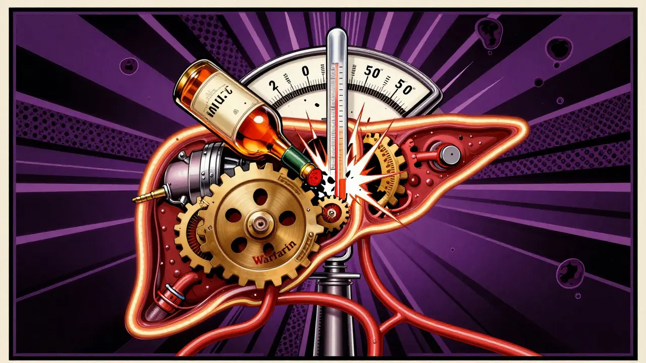 A mechanical liver is damaged by a whiskey bottle, causing INR gauge to explode with warning levels.