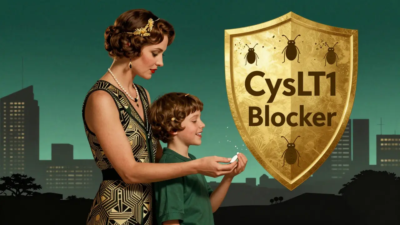 A mother giving a child a pill, with allergens locked behind a golden shield in Art Deco design.