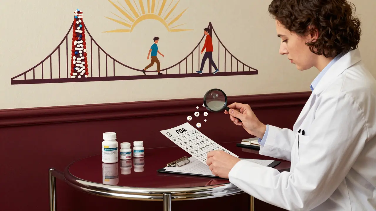 A pharmacist reviews medication charts with floating bioequivalence symbols, a bridge of pills connecting cost to affordability.