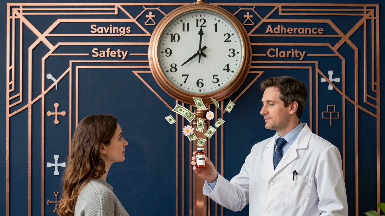 A pharmacy clock shows medication benefits as hours, with a pharmacist giving a generic vial as dollar signs become flowers.