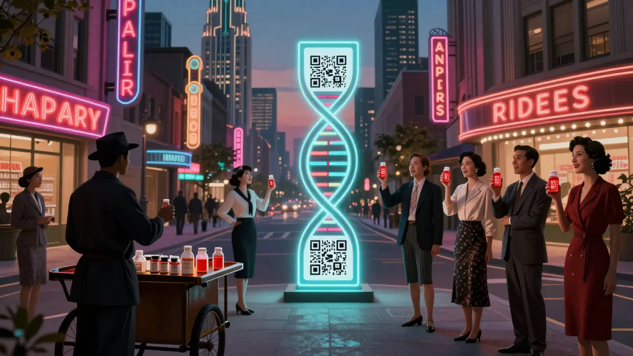 A street vendor offers fake medicine while a glowing verification portal shines over a legitimate pharmacy in Art Deco urban scene.