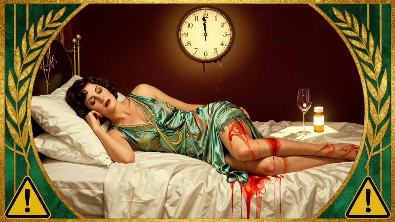 A woman sleeps as internal bleeding spreads beneath her, with a wine glass and pill bottle glowing nearby.