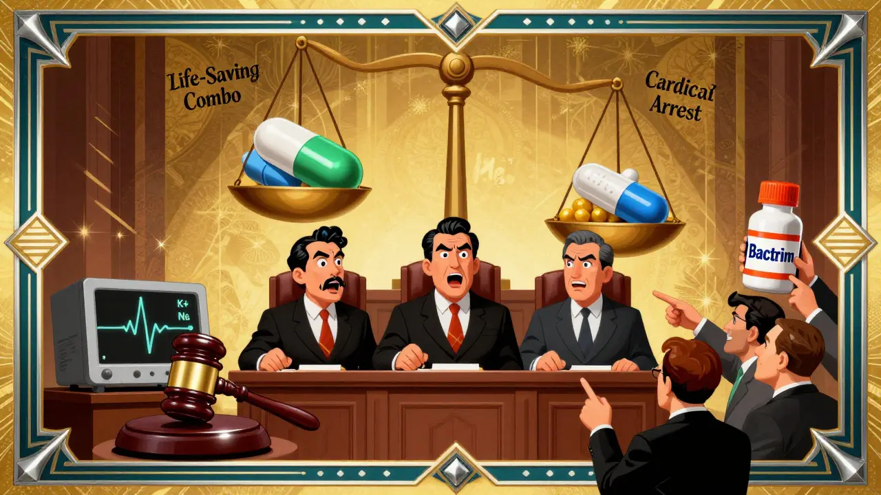 Art Deco-style courtroom scene where diuretic pills are on trial with electrolytes as jurors and drug interactions as defendants.